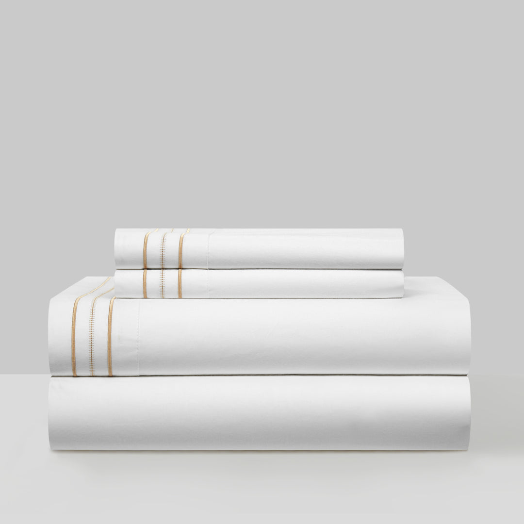 4 Piece Freeya Organic Cotton Sheet Set Solid White With Dual Stripe Embroidery Image 4