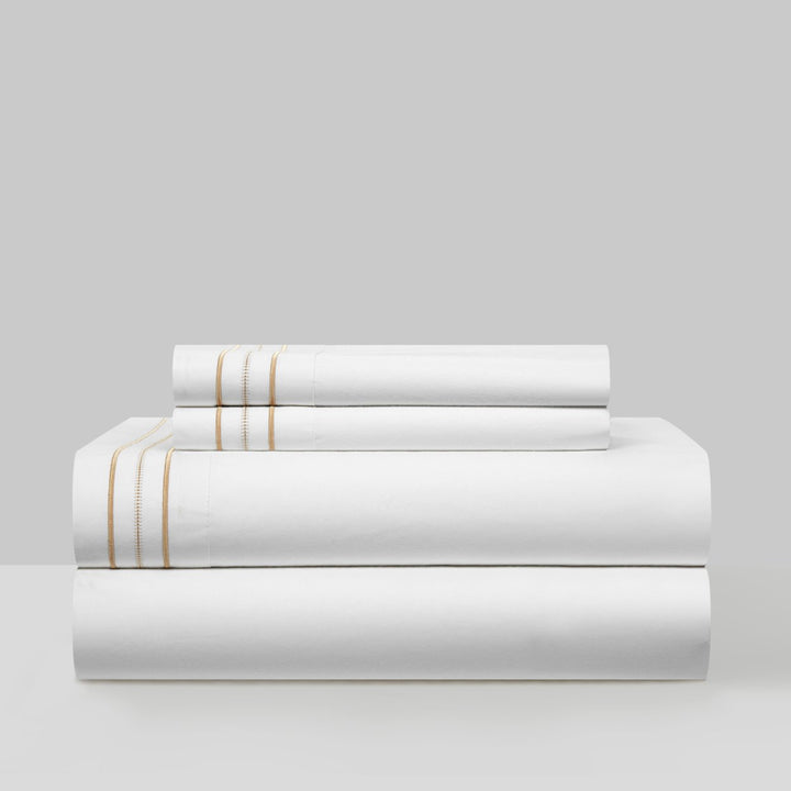 4 Piece Freeya Organic Cotton Sheet Set Solid White With Dual Stripe Embroidery Image 1