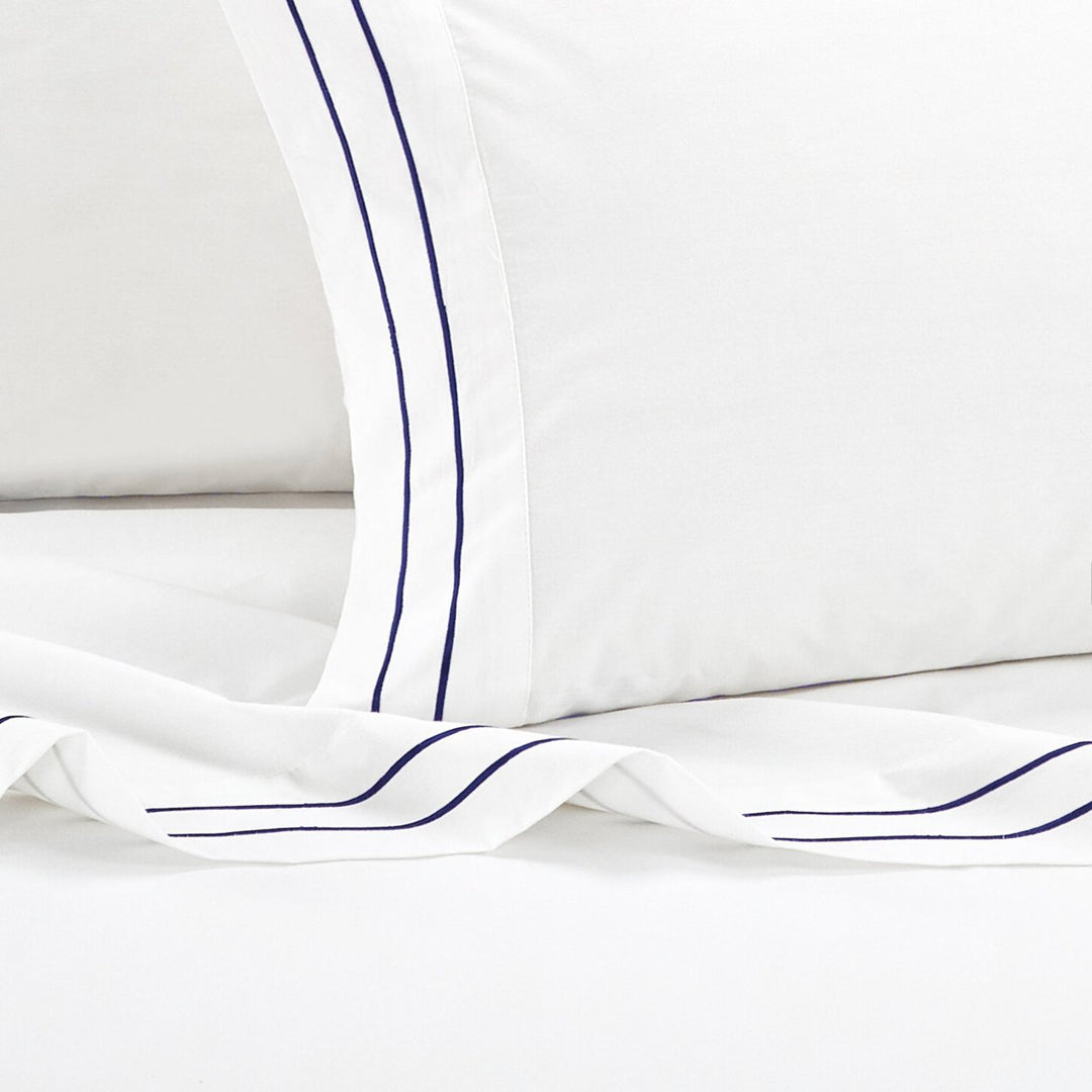 Balensia 4 Piece Organic Cotton Sheet Set Solid White With Dual Stripe Embroidery Image 1