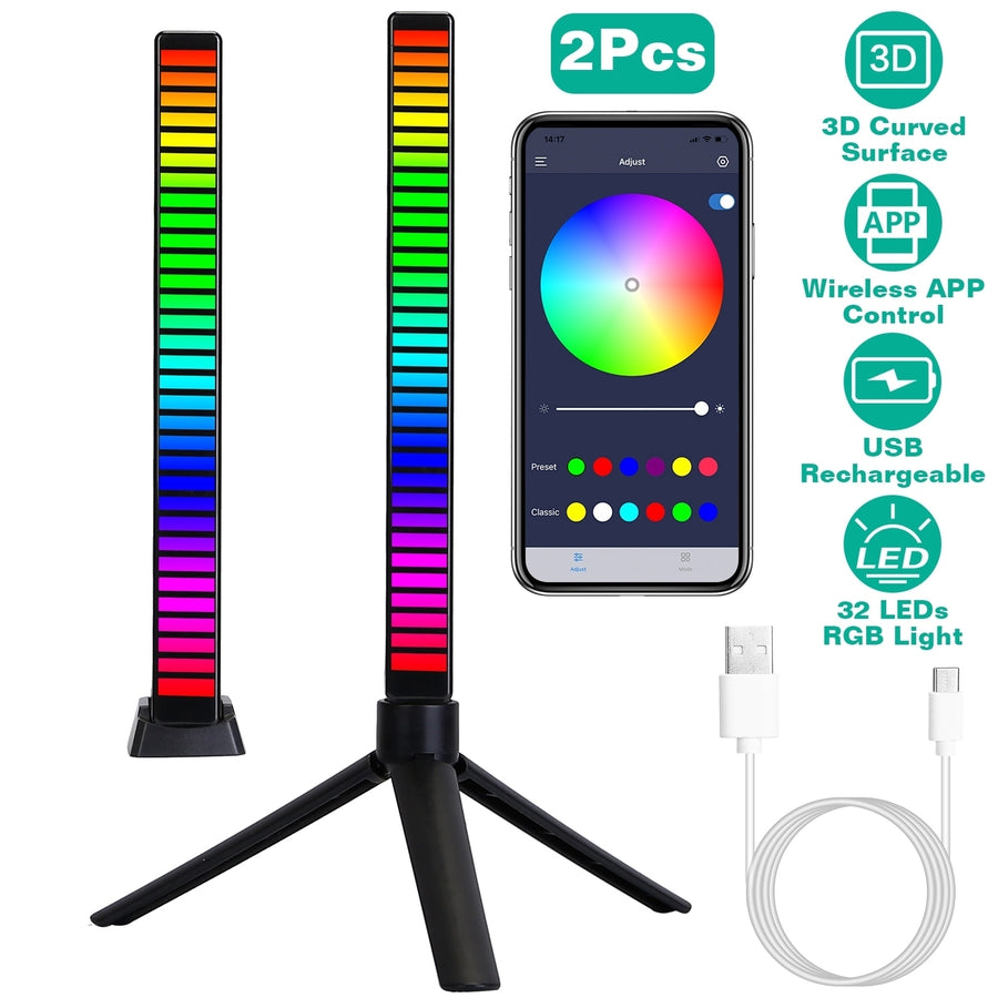 RGB Sound Control Music Sync Light Bar 32LED USB Rechargeable App Controlled Black Image 1