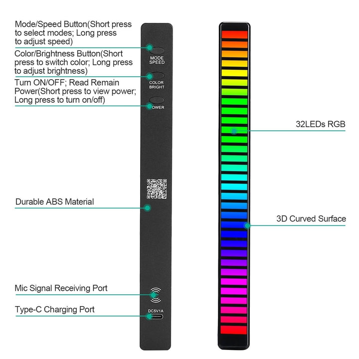 RGB Sound Control Music Sync Light Bar 32LED USB Rechargeable App Controlled Black Image 3