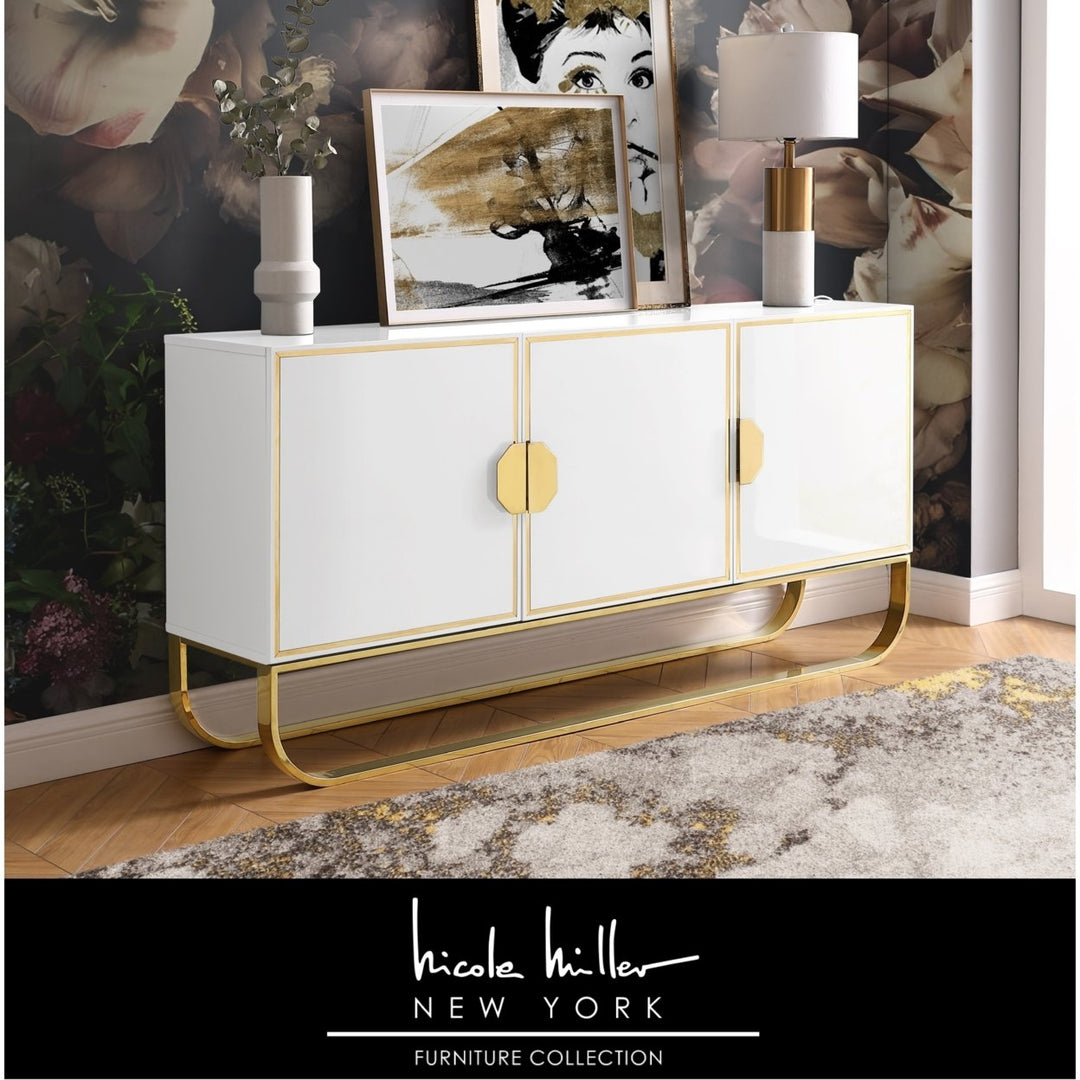 Jayna Sideboard - 3-Door  High Gloss Finish  Chrome/Gold Handles and Rouded Frame Image 2