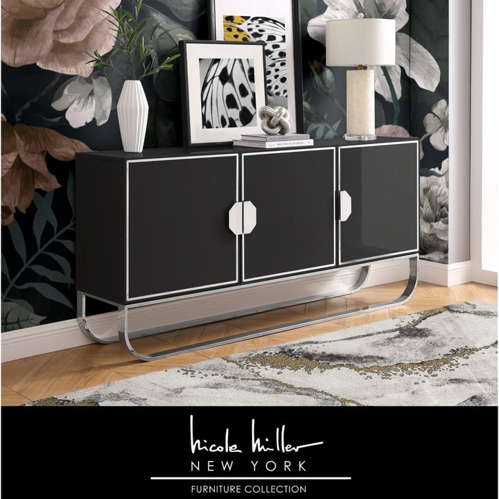 Jayna Sideboard - 3-Door  High Gloss Finish  Chrome/Gold Handles and Rouded Frame Image 3