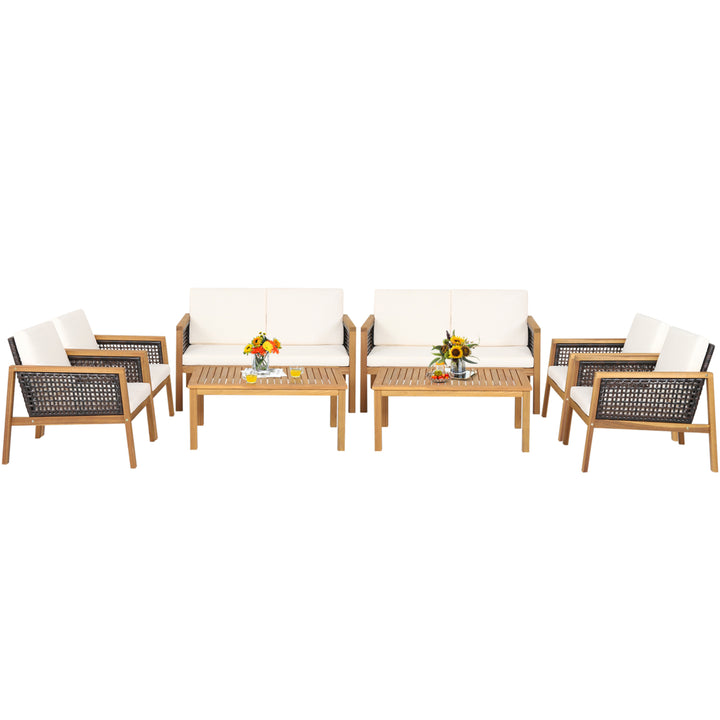 8PCS Patio Acacia Wood Furniture Set PE Rattan Conversation Set w/ Off White Cushions Image 2