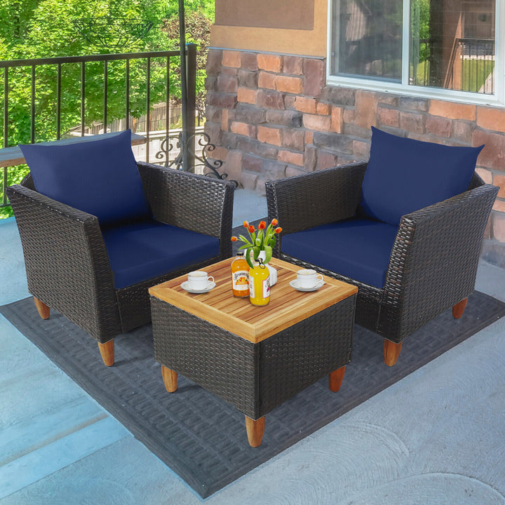 3PCS Patio Furniture Set Conversation Bistro Set w/ Acacia Wood and Cushions Navy Image 9