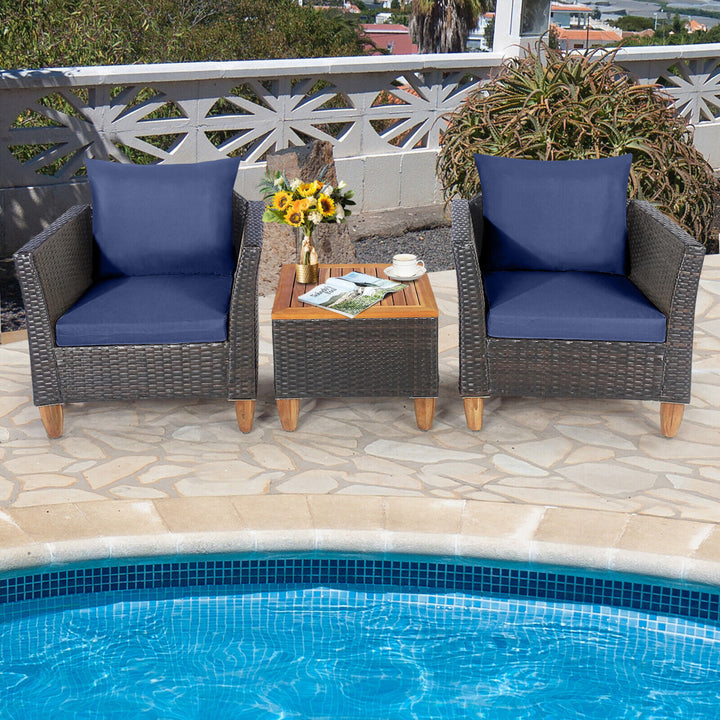 3PCS Patio Furniture Set Conversation Bistro Set w/ Acacia Wood and Cushions Navy Image 4