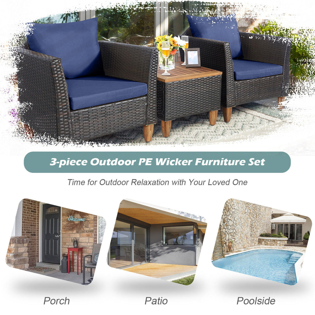 3PCS Patio Furniture Set Conversation Bistro Set w/ Acacia Wood and Cushions Navy Image 5