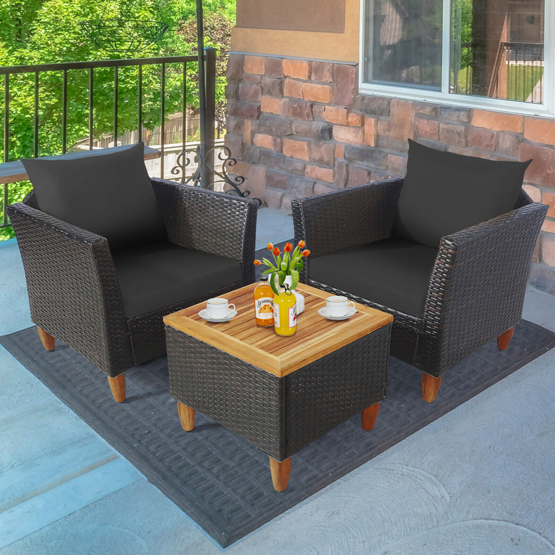 3PCS Patio Furniture Set Conversation Bistro Set w/ Acacia Wood and Cushions Black Image 10