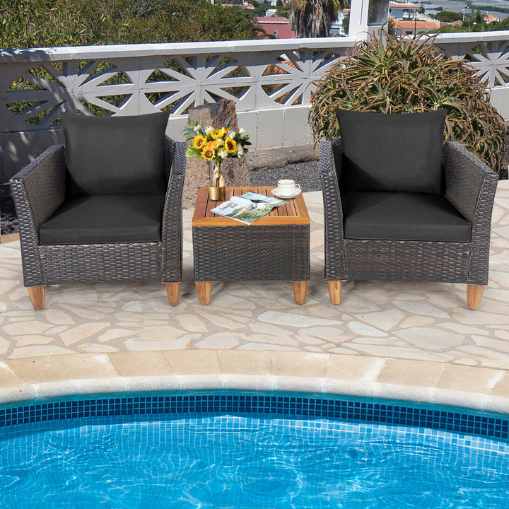 3PCS Patio Furniture Set Conversation Bistro Set w/ Acacia Wood and Cushions Black Image 4