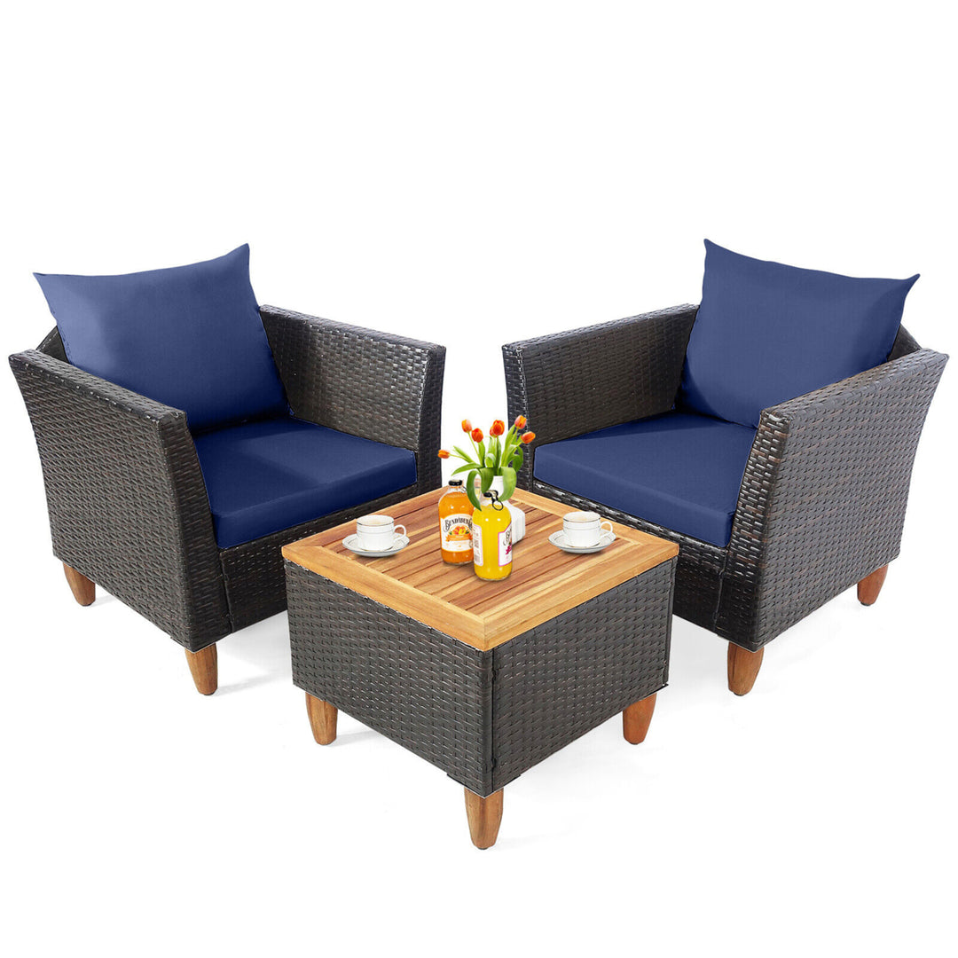 3PCS Patio Furniture Set Conversation Bistro Set w/ Acacia Wood and Cushions Navy Image 2