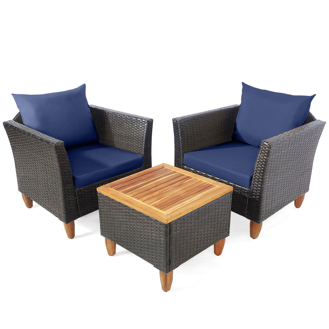 3PCS Patio Furniture Set Conversation Bistro Set w/ Acacia Wood and Cushions Navy Image 10