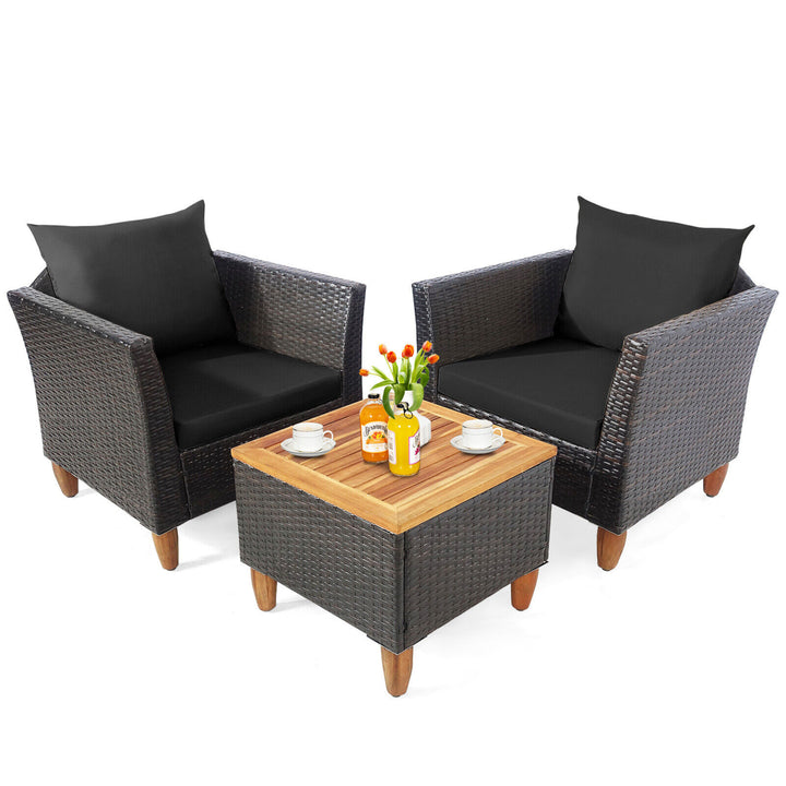 3PCS Patio Furniture Set Conversation Bistro Set w/ Acacia Wood and Cushions Black Image 2