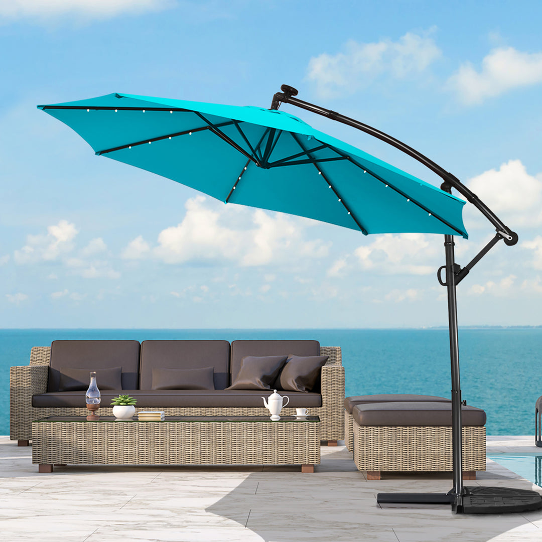 10FT Outdoor Offset Umbrella Solar Powered LED 360Degree Rotation Aluminum Turquoise Image 5