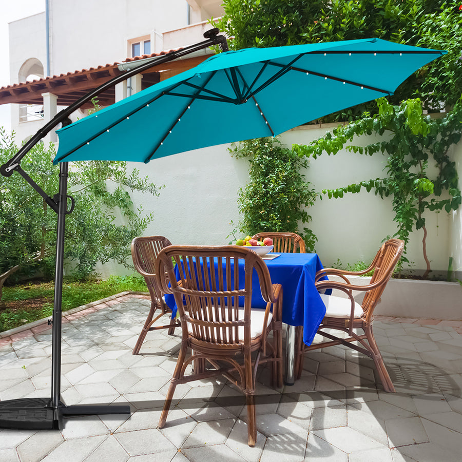 10FT Outdoor Offset Umbrella Solar Powered LED 360Degree Rotation Aluminum Turquoise Image 1