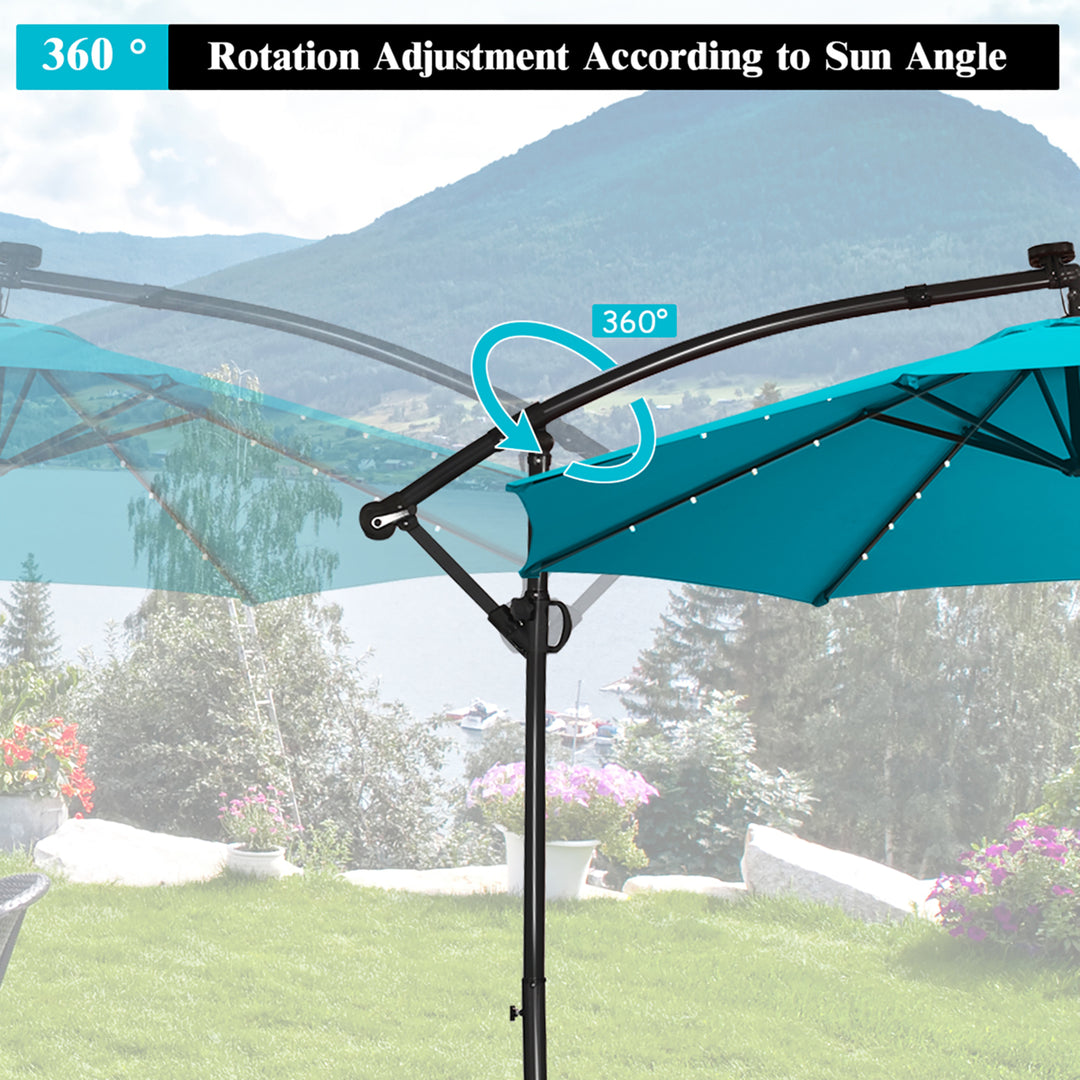 10FT Outdoor Offset Umbrella Solar Powered LED 360Degree Rotation Aluminum Turquoise Image 7