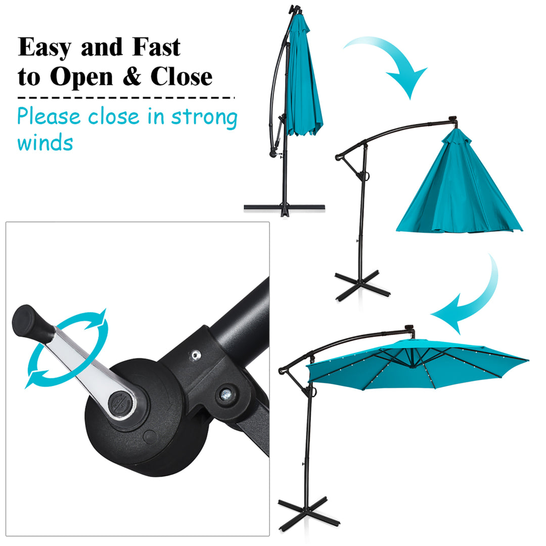 10FT Outdoor Offset Umbrella Solar Powered LED 360Degree Rotation Aluminum Turquoise Image 9