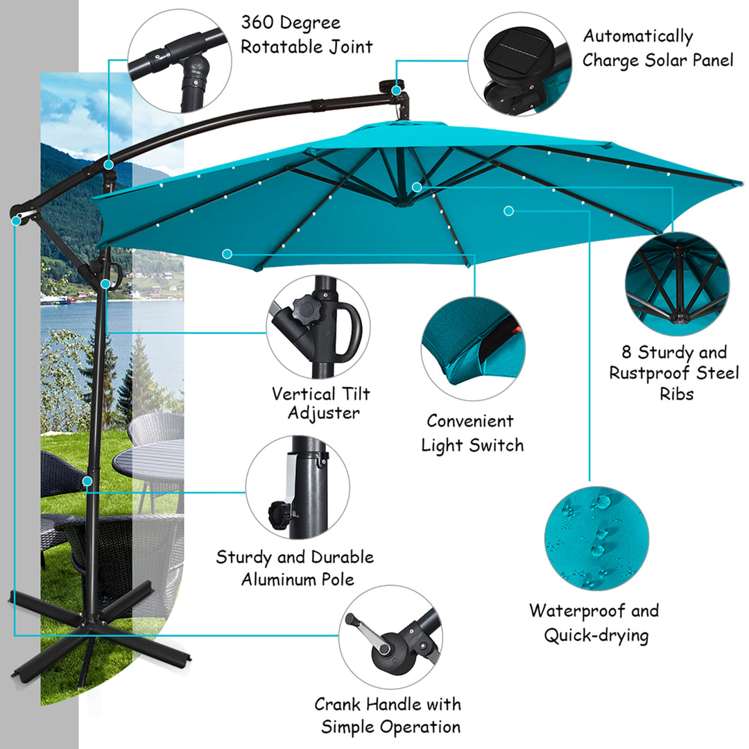 10FT Outdoor Offset Umbrella Solar Powered LED 360Degree Rotation Aluminum Turquoise Image 10