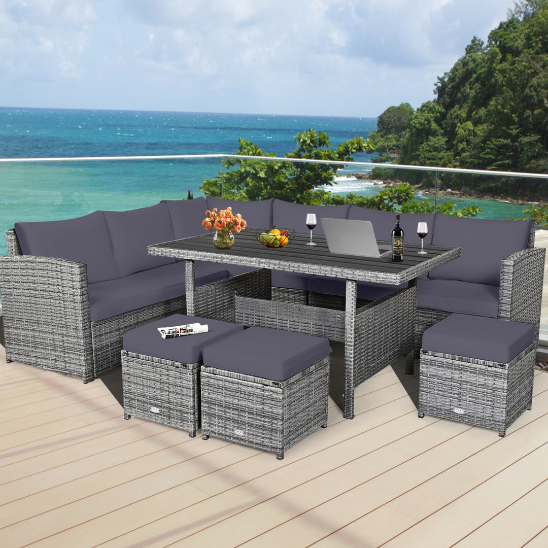 7PCS Rattan Patio Sectional Sofa Set Conversation Set w/ Grey Cushions Image 1