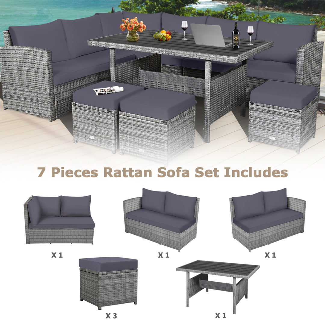 7PCS Rattan Patio Sectional Sofa Set Conversation Set w/ Grey Cushions Image 7