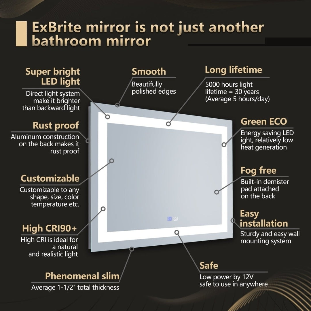ExBrite 40" W x 24" H,Anti Fog,Dimmable,LED Bathroom Mirror Image 9