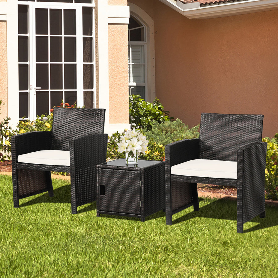 3PCS Patio PE Rattan Conversation Furniture Set Bistro Set w/ Waterproof Cover Image 1