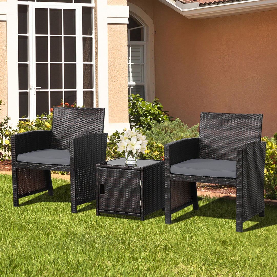 3PCS Patio PE Rattan Conversation Furniture Set Bistro Set w/ Waterproof Cover Image 4