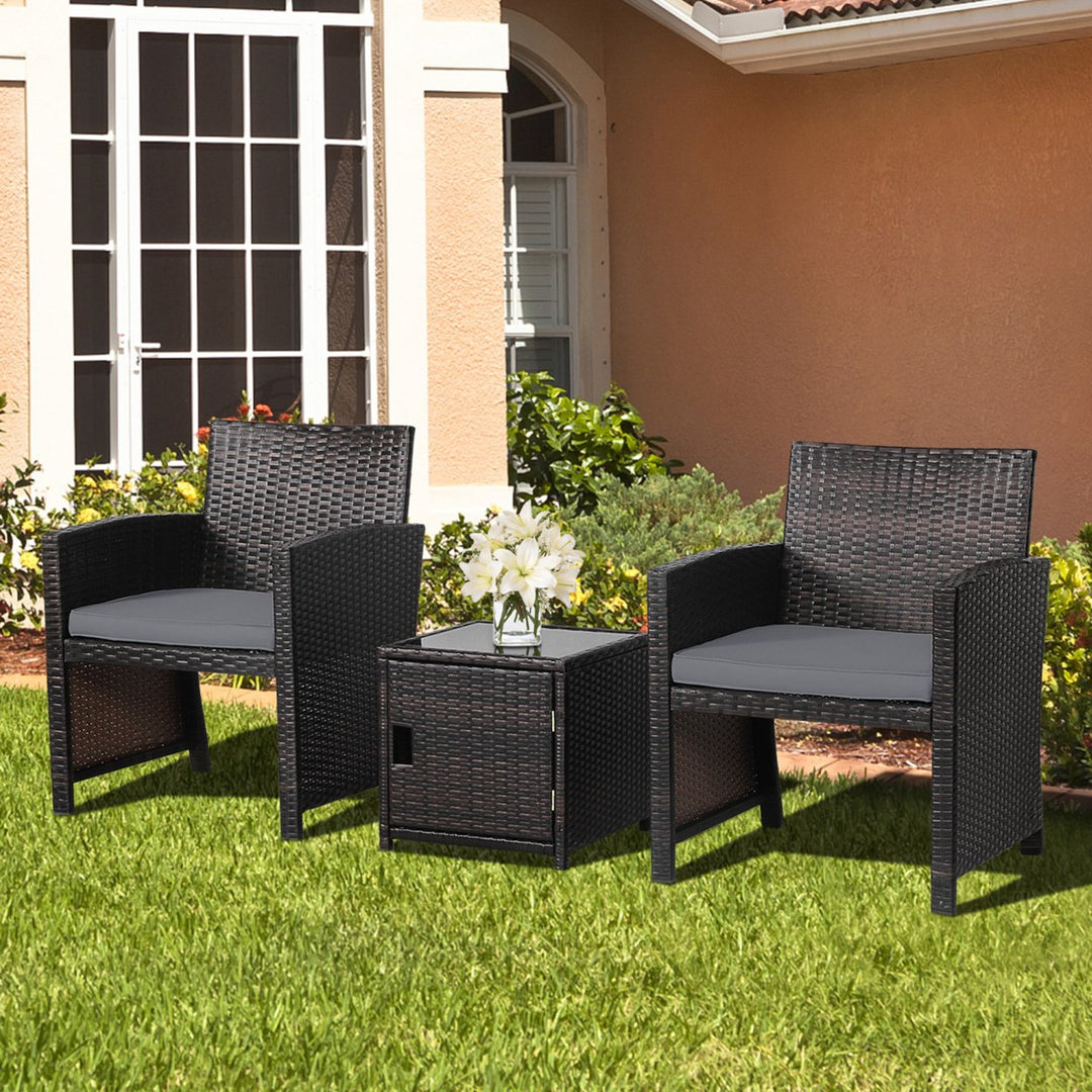 3PCS Patio PE Rattan Conversation Furniture Set Bistro Set w/ Waterproof Cover Image 1