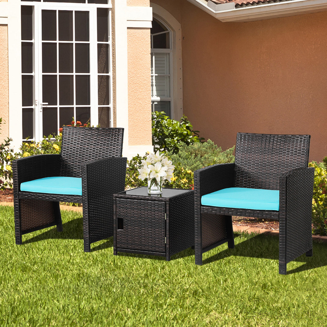 3PCS Patio PE Rattan Conversation Furniture Set Bistro Set w/ Waterproof Cover Image 5