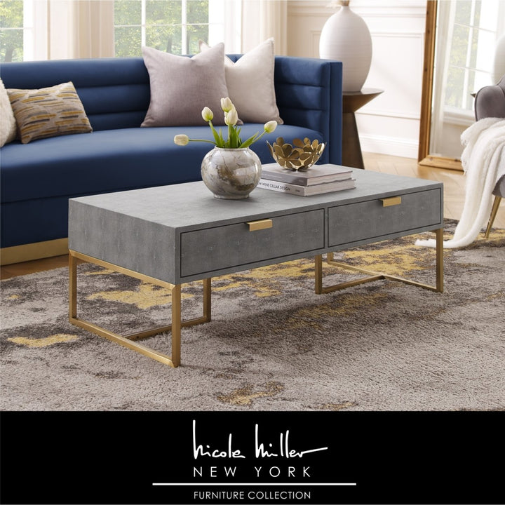 Nicole Miller Coffee Table Stainless Steel Faux Shagreen 2 Drawer Gold Chrome Base 46in Image 1