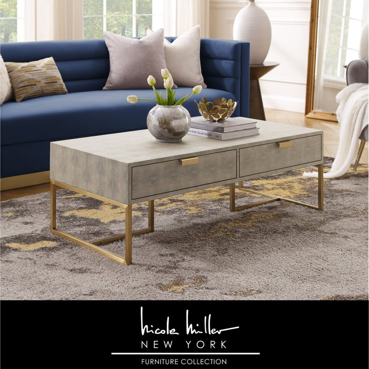 Nicole Miller Coffee Table Stainless Steel Faux Shagreen 2 Drawer Gold Chrome Base 46in Image 2