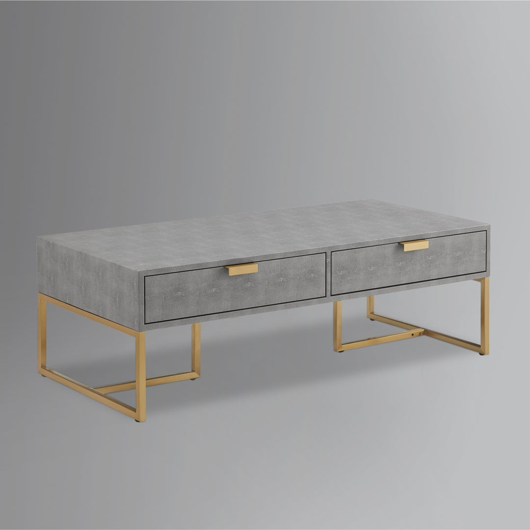 Nicole Miller Coffee Table Stainless Steel Faux Shagreen 2 Drawer Gold Chrome Base 46in Image 4