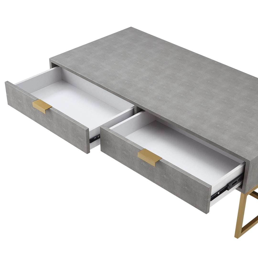 Nicole Miller Coffee Table Stainless Steel Faux Shagreen 2 Drawer Gold Chrome Base 46in Image 5