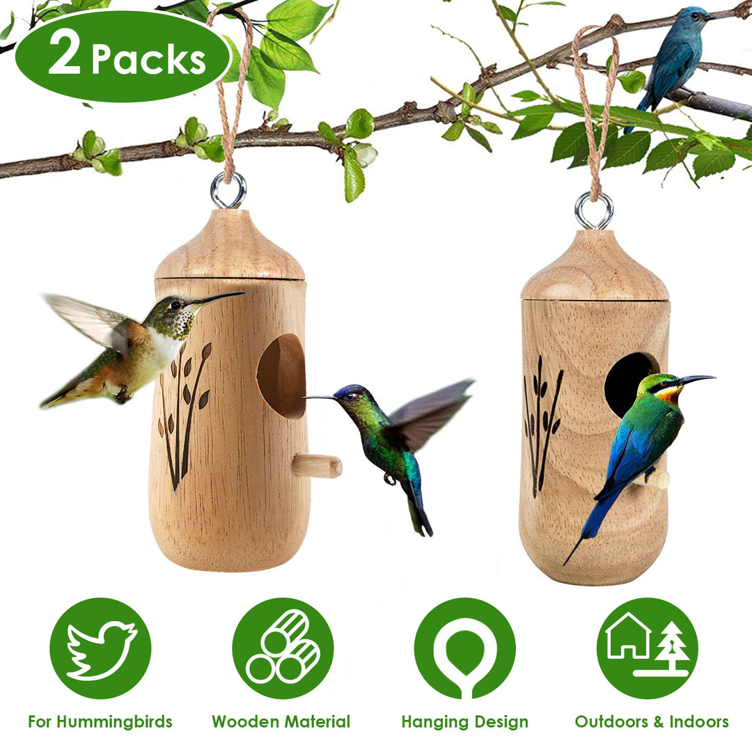 2 Packs Wooden Hummingbird Houses Outdoor Nest Feeders Natural Wood 4.7x2in Image 1