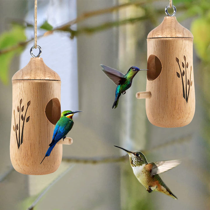 2 Packs Wooden Hummingbird Houses Outdoor Nest Feeders Natural Wood 4.7x2in Image 5