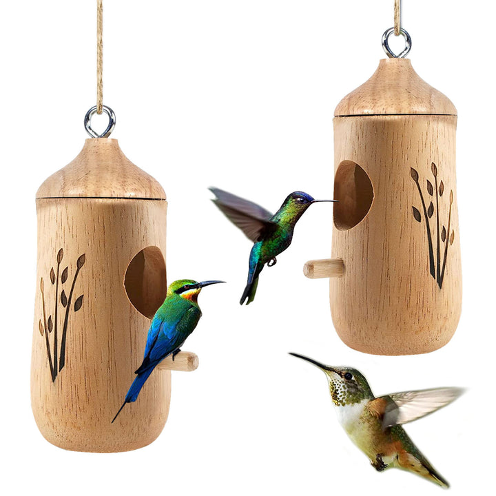 2 Packs Wooden Hummingbird Houses Outdoor Nest Feeders Natural Wood 4.7x2in Image 7