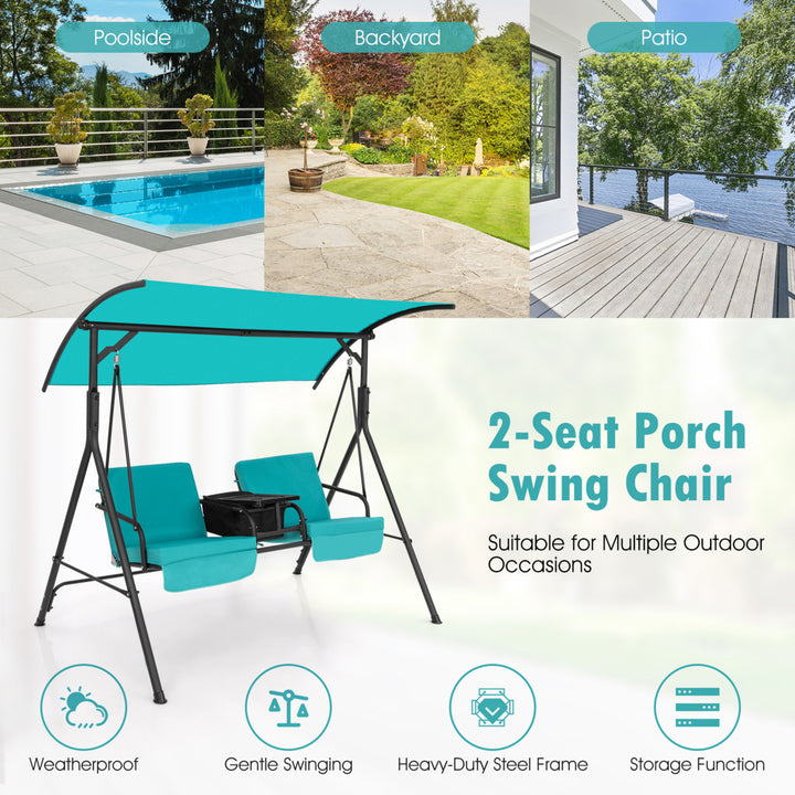 2-Person Canopy Porch Swing Padded Chair Cooler Bag Rotatable Tray Image 2