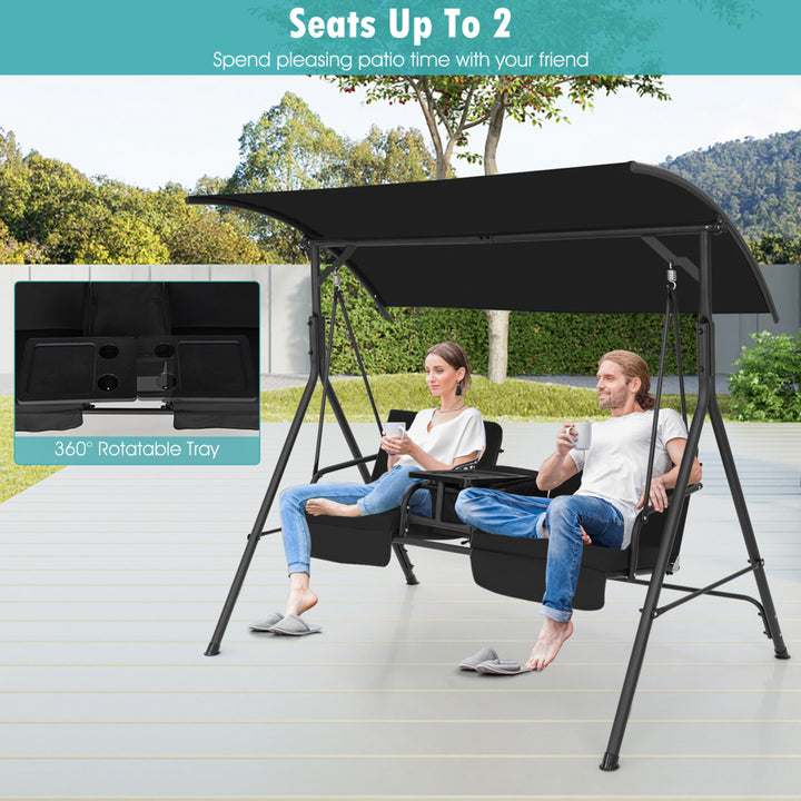 2-Person Canopy Porch Swing Padded Chair Cooler Bag Rotatable Tray Image 3