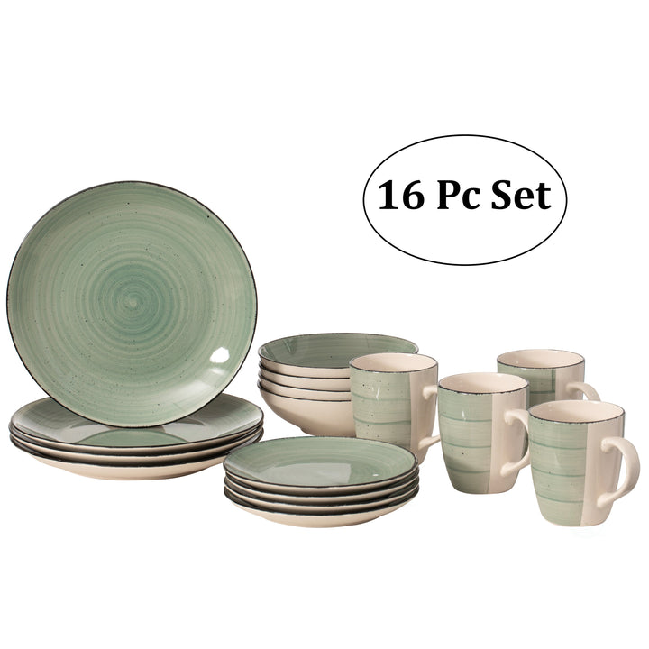 16 PC Spin Wash Dinnerware Dish Set for 4 Person Mugs, Salad and Dinner Plates and Bowls Sets, Dishwasher and Microwave Image 1