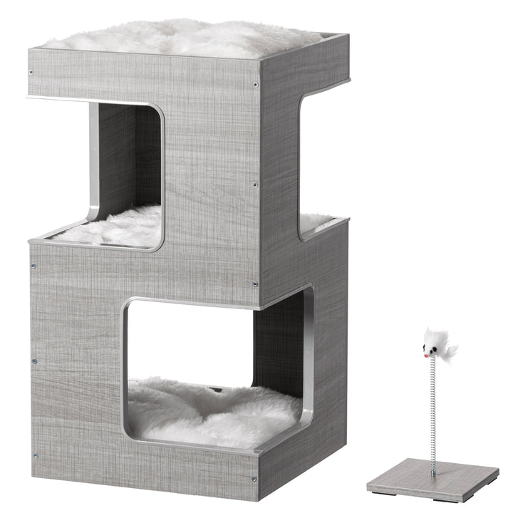 Modern Cat Tree House Multi Level Wooden Adjustable Gray Indoor Condo 23.75 in Image 1