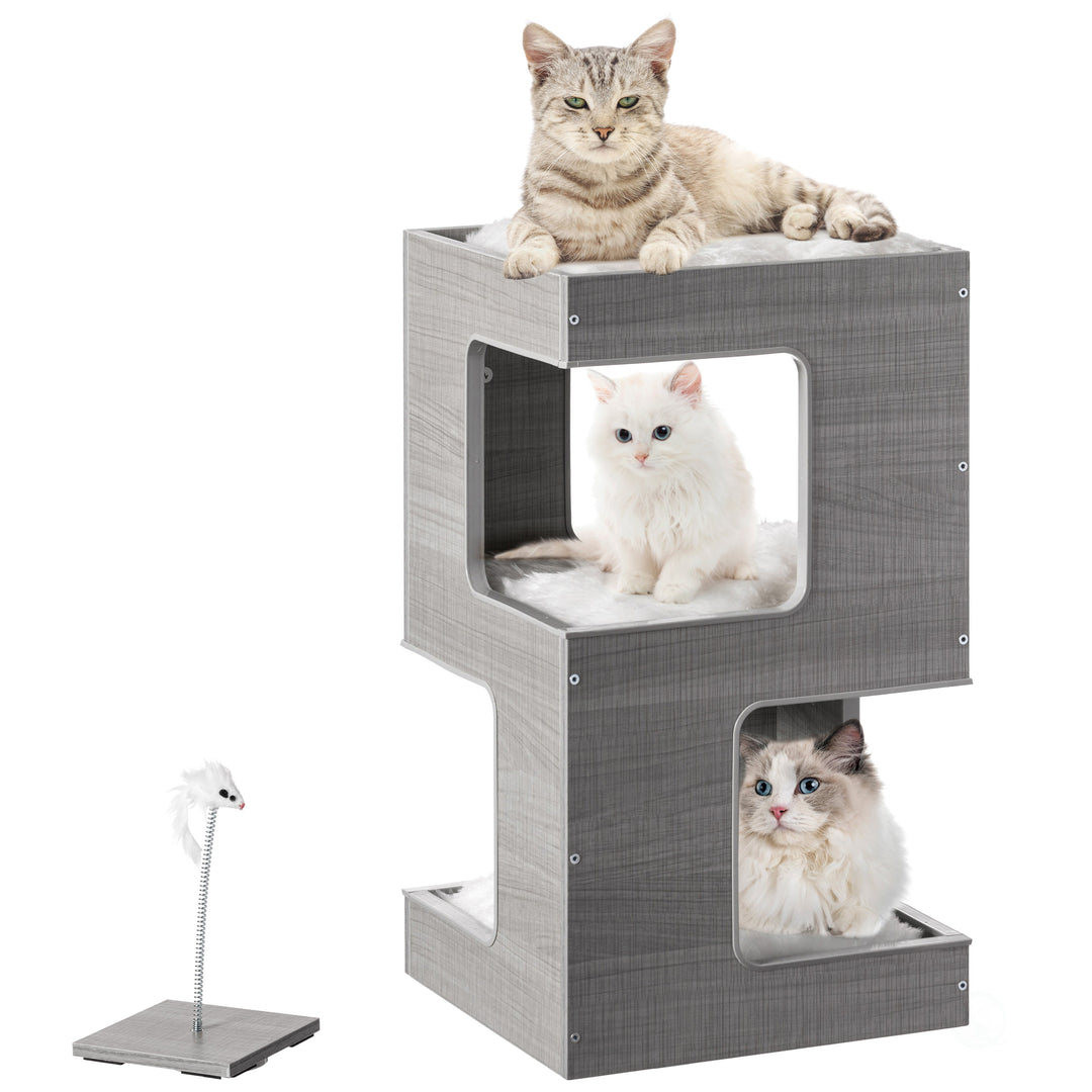 Modern Cat Tree House Multi Level Wooden Adjustable Gray Indoor Condo 23.75 in Image 4