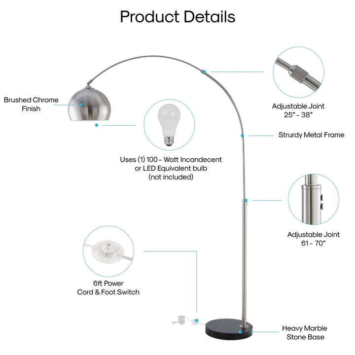 Maycie Floor Lamp - 6ft Power Cord, Marble Stone Base , Arched Sturdy Metal Frame with Adjustable Joints , Foot Switch Image 6