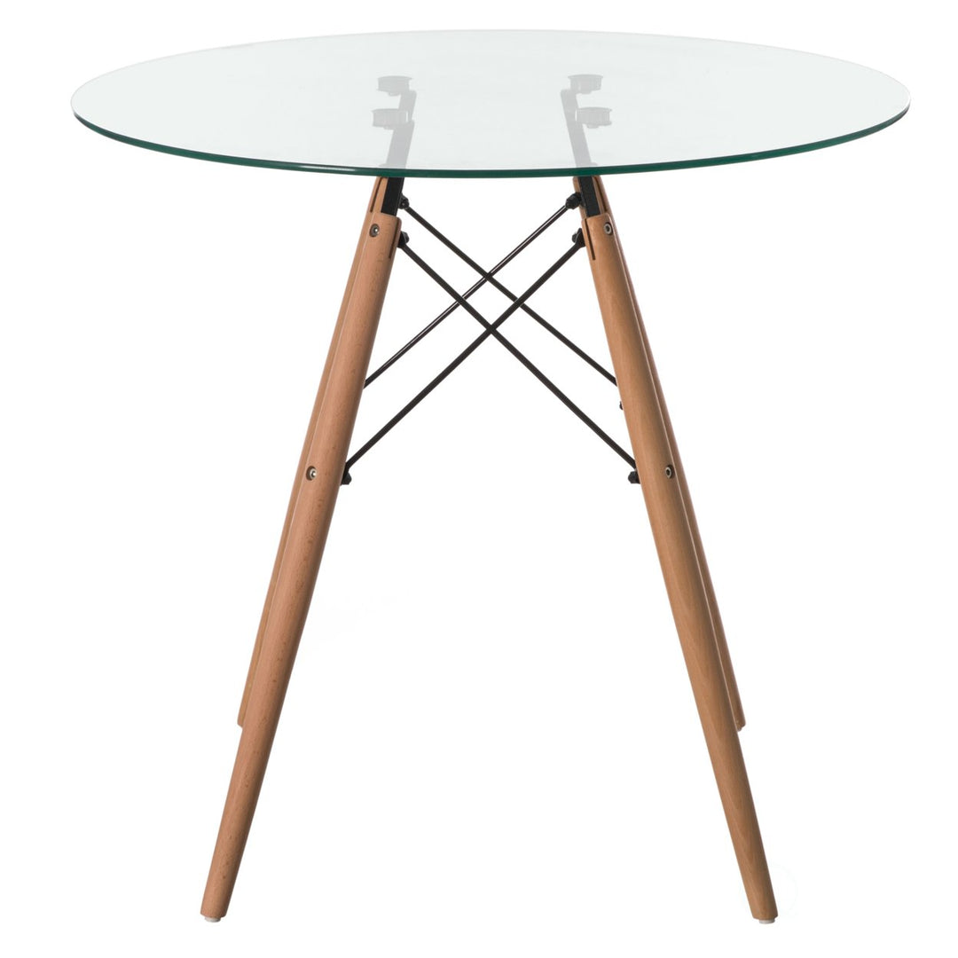 Modern Round Clear Glass Dining Table with Beech Wood Legs 31.5 Inch Space Saving Image 1