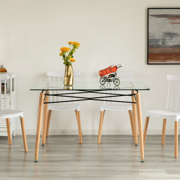 Clear Glass Dining Table with Beech Wood Legs 47in Modern Accent Table Image 5