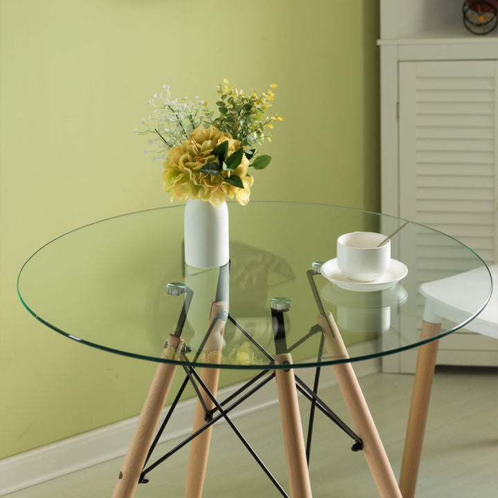 Modern Round Clear Glass Dining Table with Beech Wood Legs 31.5 Inch Space Saving Image 4