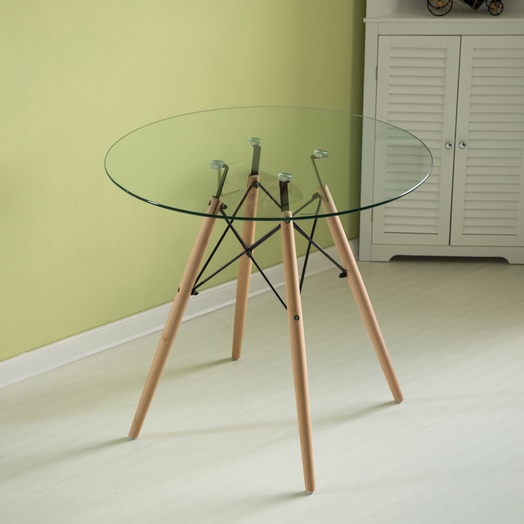 Modern Round Clear Glass Dining Table with Beech Wood Legs 31.5 Inch Space Saving Image 6