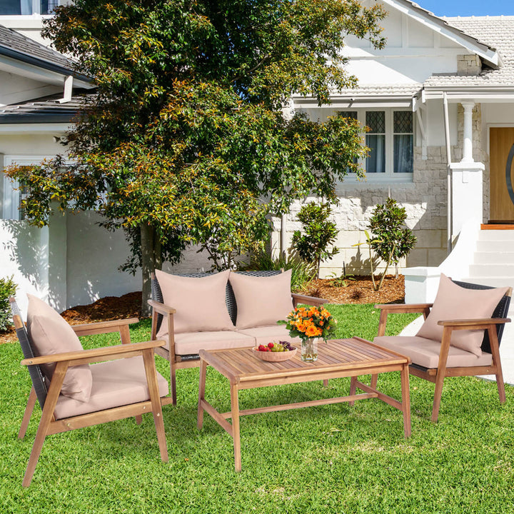 4PCS Outdoor Furniture Set Patio Conversation Set w/ Wood Frame Cushion Image 1