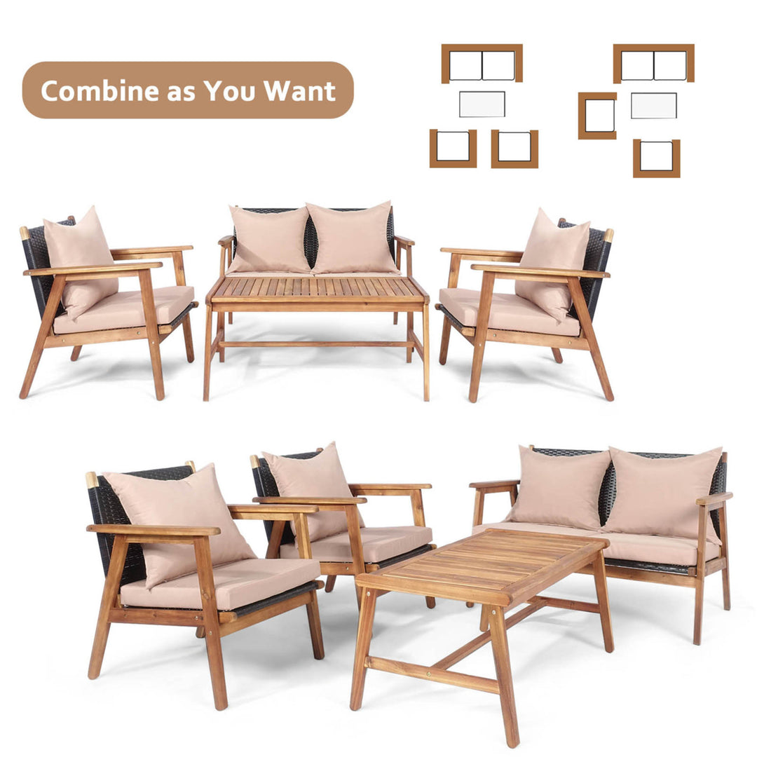 4PCS Outdoor Furniture Set Patio Conversation Set w/ Wood Frame Cushion Image 5