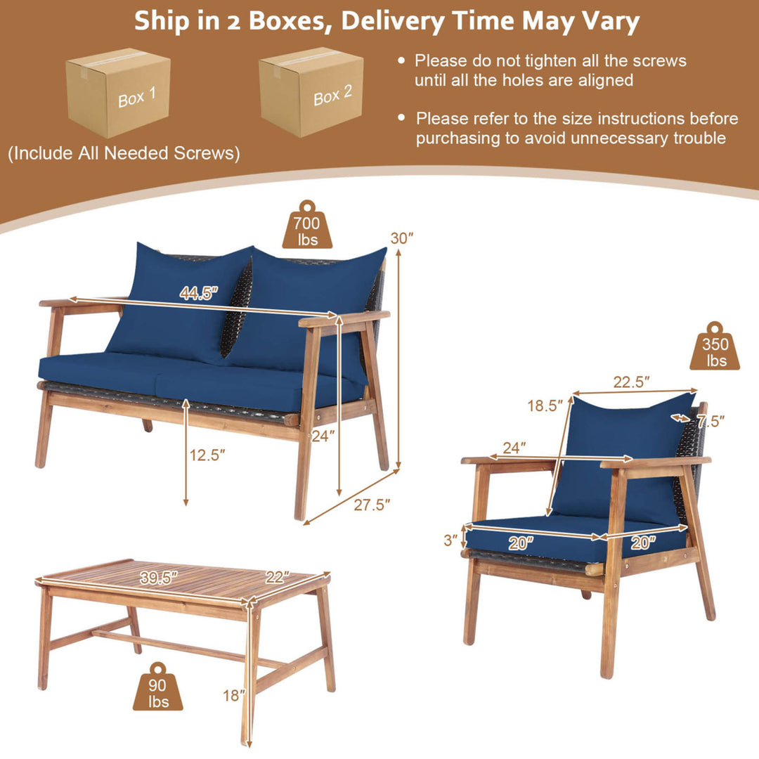 4PCS Patio Conversation Set Wood Frame Furniture Set w/ Navy Cushions Image 2