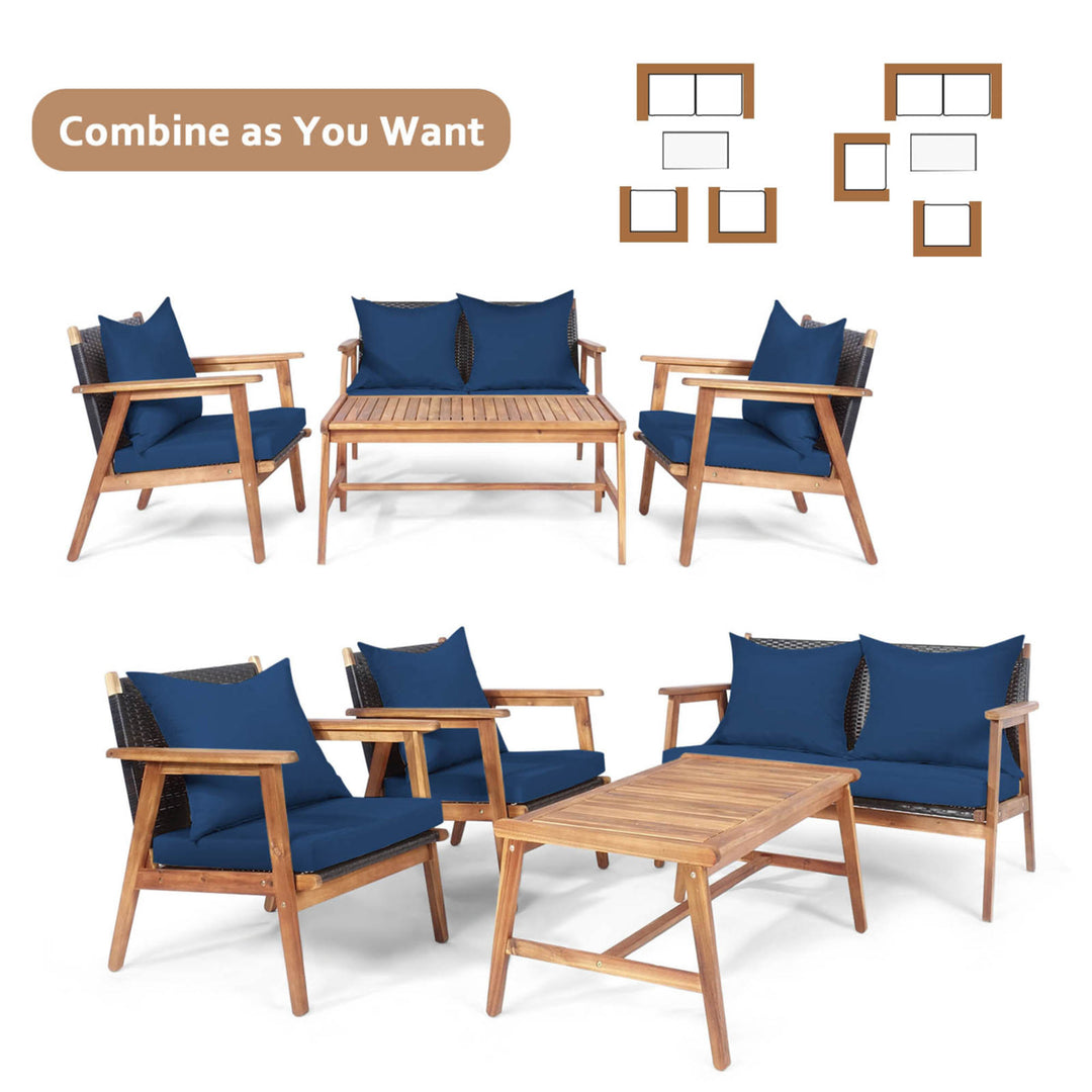 4PCS Patio Conversation Set Wood Frame Furniture Set w/ Navy Cushions Image 5