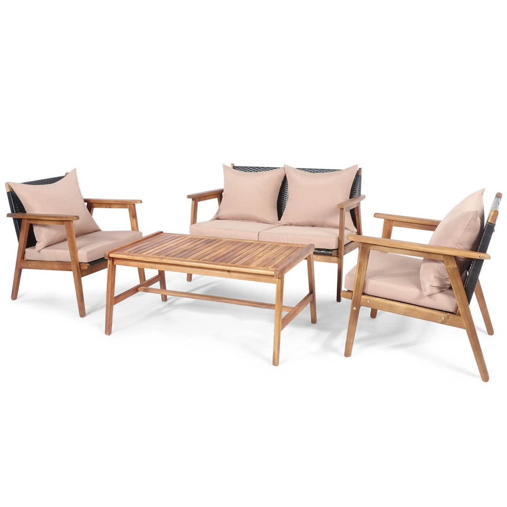 4PCS Outdoor Furniture Set Patio Conversation Set w/ Wood Frame Cushion Image 2